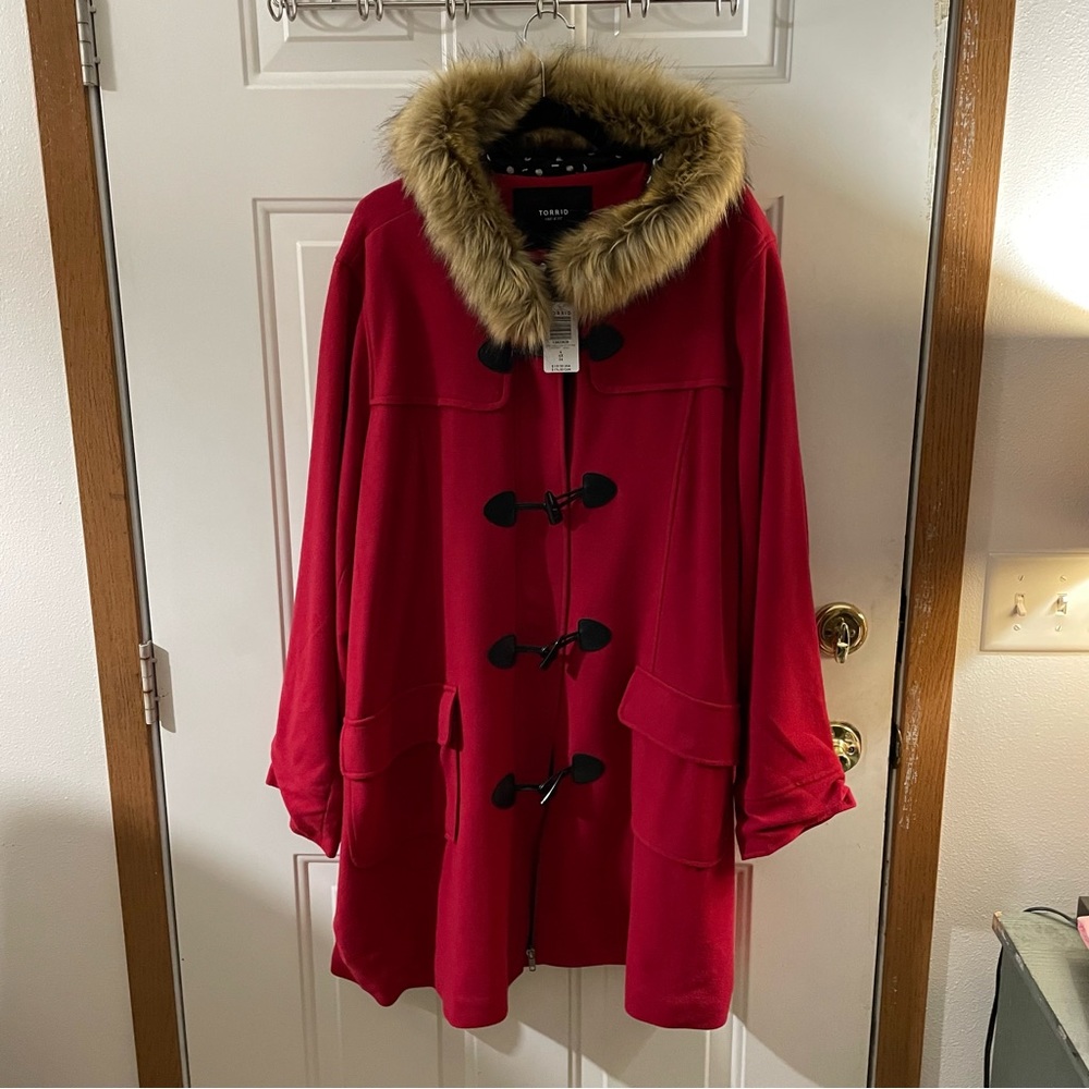 Torrid Red Winter Coat, Faux Fur around Hood and Zip and toggle closures NWT